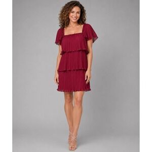 NWT DKNY Maroon Pleated Tiered Chiffon Dress | Size 12 | Flutter Sleeve